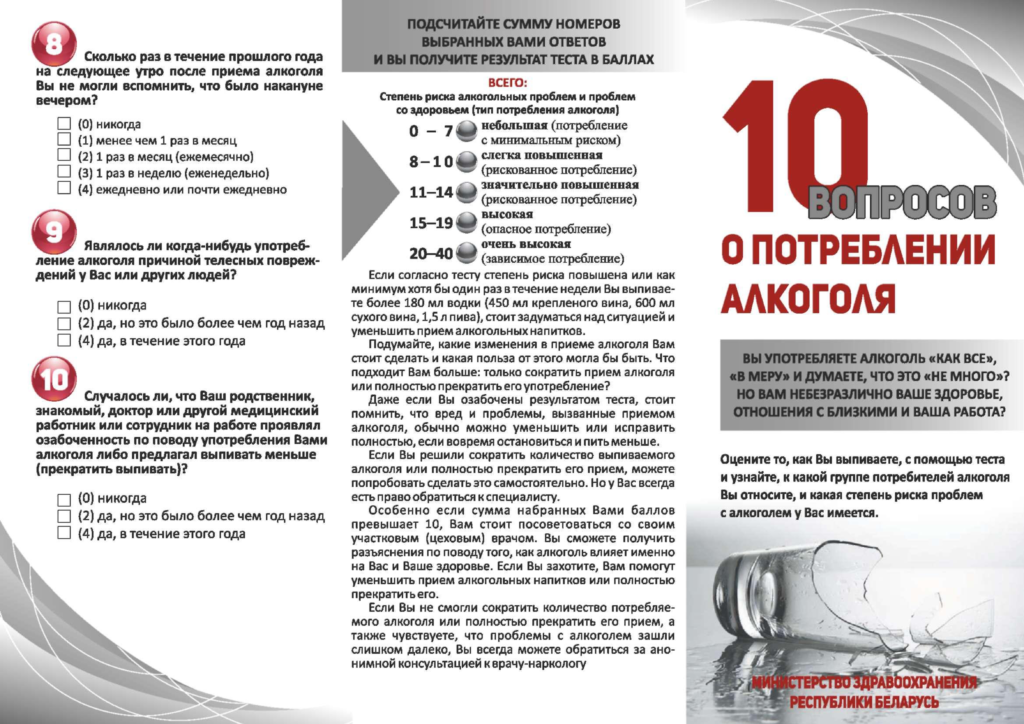 ЗОЖ буклет18. 10 вопросов о потреблении алкоголя